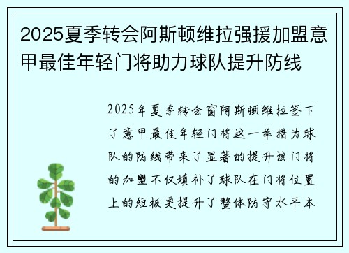 2025夏季转会阿斯顿维拉强援加盟意甲最佳年轻门将助力球队提升防线